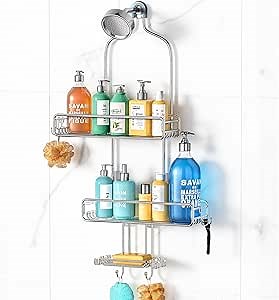 Hanging Shower Over Shower Head: Adjustable Large Shower Organizer with Soap Holder - Rustproof Bathroom Shelf Shampoo Storage Rack - 4 Movable Hooks for Razor Loofah Silver
