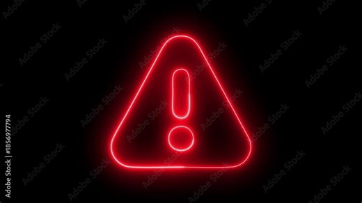 Animation of glowing neon Warning attention icon signal , alert , risk , safety, danger road warning sign animated 4k video, danger risk alert road warning sign stop error signal emergency issue sign