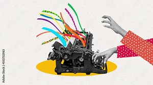 Stop motion, animation. Female hand typing on retro typewriter. Vintage, retro 80s, 70s style. Bright colors.