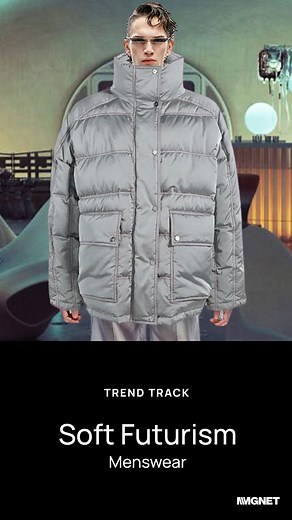 Soft Futurism redefines fashion-forward basics with a balance of tradition and innovation, catering to the consumer’s need for futureproof clothing. Styles like oversized puffers, cropped techno parkas, and high-shine windbreaker cargos merge functionality with directional design. With a focus on realistic possibilities, this trend offers a practical counterbalance to out-of-reach #AI-inspired concepts, blending wearability with a thoughtful vision of the future. #TrendTrack #Menswear #FashionTr