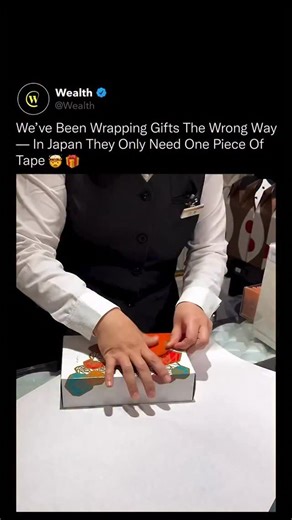 Wealth on Instagram: "This Japanese gift-wrapping technique turns a single piece of tape into a perfectly sealed package through precision, geometry, and muscle memory. 🧠🎁 Instead of relying on layers of adhesive, the wrapper uses exact folds and tension to lock the paper onto itself. Each crease redistributes force, creating friction and structural hold so the box stays closed without extra tape. The method comes from a culture that values efficiency, presentation, and respect for the object