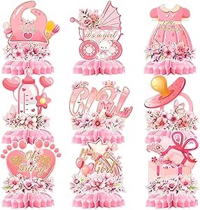 9Pcs Pink Baby Shower Decorations, Honeycomb Baby Girl Shower Centrepieces Floral Honeycomb Table Decorations Girl Pregnancy Announcement Table Decorations Gender Reveal Party Supplies