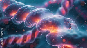 A close up of a strand of DNA with red and orange spots. Concept of complexity and mystery, as the DNA is a fundamental building block of life and its structure is intricate and fascinating