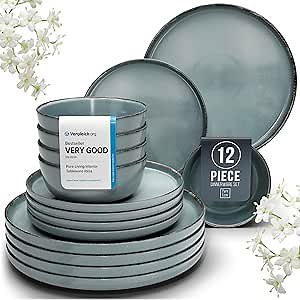 Stoneware dinnerware set 4 persons Rustic 12 pcs - Rustic design dinnerware set, dishwasher safe - Bowl and plate set - Pure Living dinnerware in smoky blue…