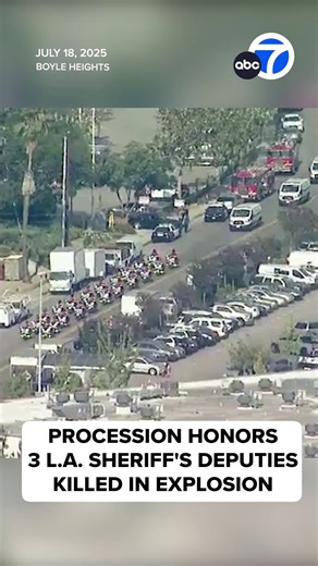 Thousands of colleagues, loved ones, and community members showed out for the procession honoring three Los Angeles sheriff's deputies killed in an explosion on Friday. Read more: https://abc7.la/44WVJ7a | ABC7