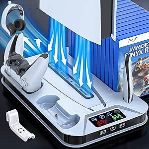 PS5 / PS5 Slim Cooling Station with Controller Charging Station for PlayStation 5 Console Disc/Digital, Cooling Stand for PlayStation 5 Slim with Cooler Fan Accessories with 3 USB Hubs/Headset Holder