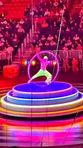 Cyr wheel control in real time. A slip mid-descent — caught instantly, landing cleanly on his feet. 🎪 Ringling Bros. 📷 @Artsgurutv #EnchanterDancer #RinglingBros #CyrWheel #CircusAct #LiveShow | EnchanterDancer