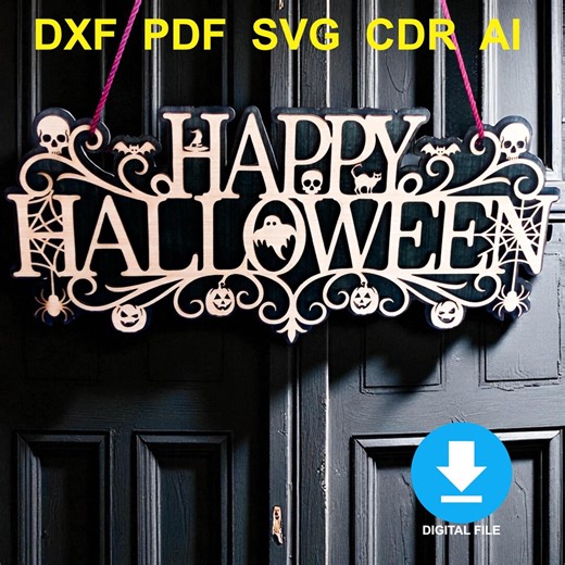 Halloween Sign SVG, Happy Halloween Laser Cut File, Spooky Door Decor - Etsy