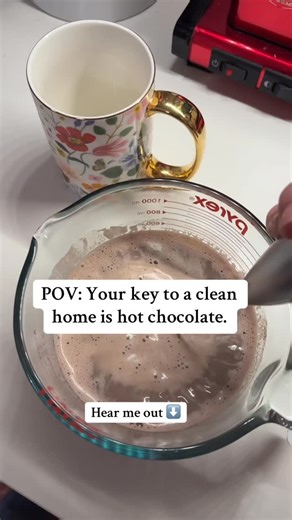 My husband and sons (13yo/11yo) got home at 5pm. We made hot chocolate and caught up and then cleans our entire house (2700sqft) in about an hour. Here’s how did it —￼ First: we to took 30 minutes to tackle our personal spaces - bedrooms bathrooms. > Each space has a super specific cleaning list that breaks down every task in the order it needs doing so we can start cleaning without getting stuck wondering *how* to start Second: we took about 30 minutes to work on shared spaces: family room, liv