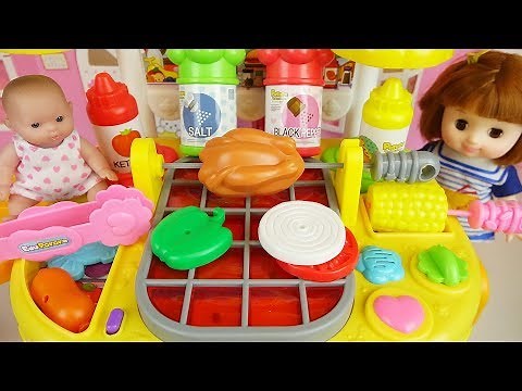 Baby doll and grill kitchen food cooking toys play