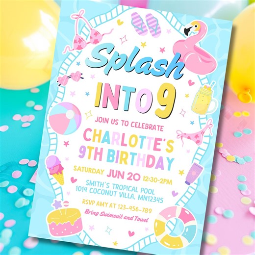Editable Pool Party 9th Birthday Invitation, Splash Into Nine, Summer Fun, Swim Water Park Invite, Swimming Pizza Cake Fun, Canva - Etsy