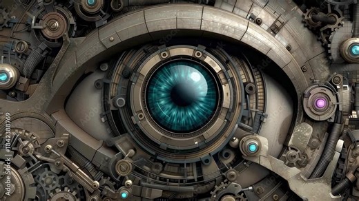 Steampunk mechanical eye surrounded by intricate gears and machinery