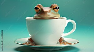 A frog peeks out from a white teacup against a teal background. This whimsical and charming scene captures the frog's curious expression and creates a playful, lighthearted atmosphere.