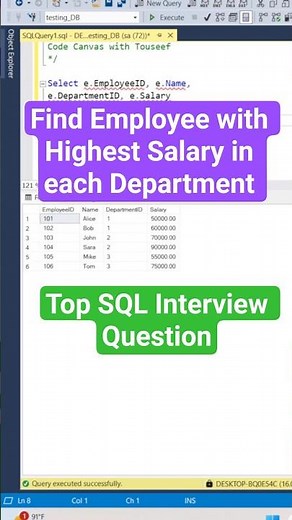 Find Employee with Highest Salary in Each Department | Top SQL Interview Question #sqlquery