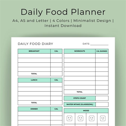 Daily Food Journal Printable: Meal Planner, Calorie Tracker (A4, A5, Letter) - Etsy