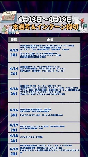 4月13日（月）本選考・インターン締切 #就活 #28卒 #転職 #企業研究