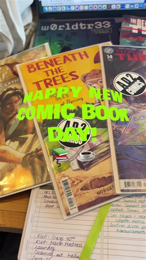 Happy New Comic Book Day ☕️📚 Work break = comics, coffee, and catching up on new releases. Didn’t bring the whole haul… just the essentials. What are you reading today? #NCBD #ComicsAndCoffee #ComicTok #AD2Comics #CoffeeBreak