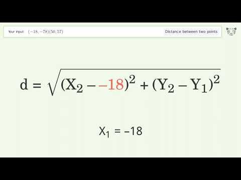 Find the distance between two points p1 (-18,-78) and p2 (50,57): Step-by-Step Video Solution