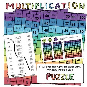 Multiplication Puzzle with 11 short multisensory lessons and worksheets
