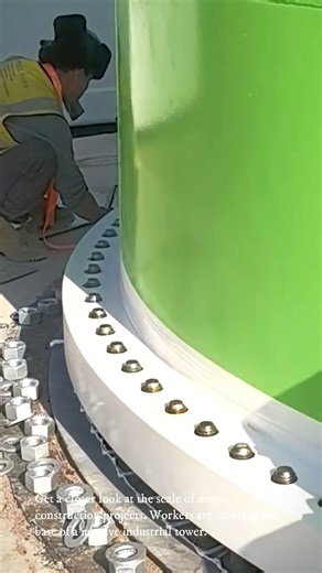 Workers installing massive bolts at the base of a green industrial tower