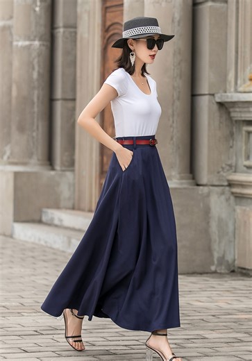 Navy Blue A-line Maxi Skirt With Pockets – High-waisted Long Skirt, Custom Made Semi-formal Casual Outfit for Women, Xiaolizi 2716# - Etsy