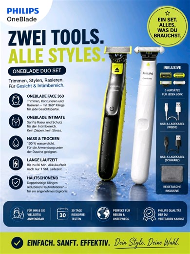 2 Geräte. Ein perfektes Set 😮‍💨🔥 Mit dem Philips OneBlade Duo Set bist du ready für Gesicht & Intimbereich – sanft, präzise und ohne Ziepen 💯✂️ Egal ob trimmen, rasieren oder stylen… das Teil macht einfach alles 😎 ✅ Für ihn & sie ✅ Nass & trocken nutzbar ✅ 360° Klinge für maximale Kontrolle ✅ Perfekt für unterwegs ✅ Inklusive Aufsätze & Reisetasche Gerade im TikTok Shop zum Tiefpreis 👀🛒 #philipsoneblade #tiktokshopde #gadgetfinds #pflege #musthave
