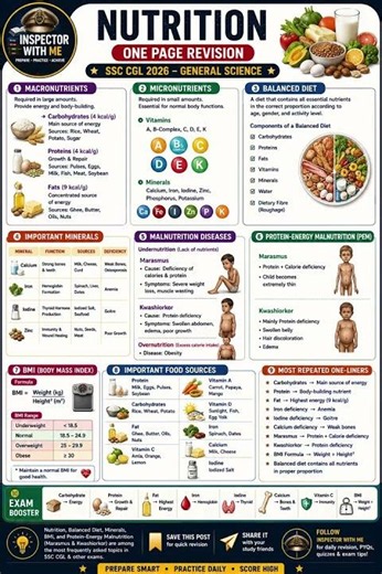 Nutrition One Page Revision|SSC CGL 2026 General Science|Balanced Diet, BMI, Minerals & Malnutrition