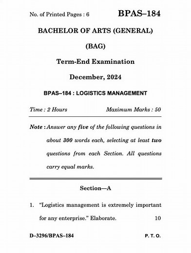 BPAS–184 Dec 2024 | IGNOU Previous Year Question Paper