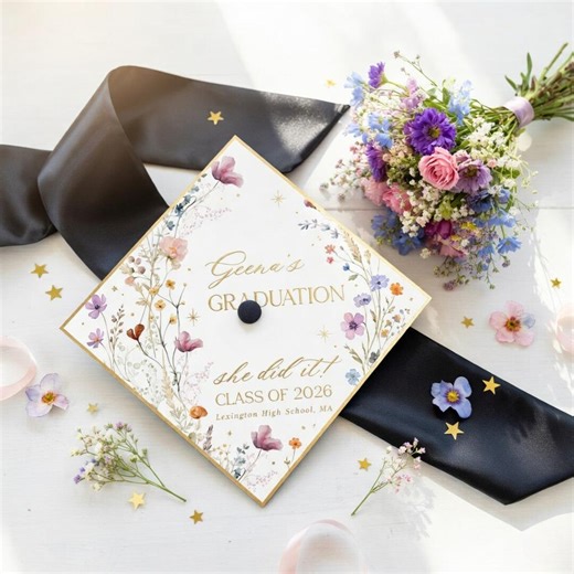 Rustic Whimsical Graduation Cap Topper, Boho Wild Flowers Graduation Cap Topper, Modern Floral Graduation Decoration, Class of 2026 - Etsy