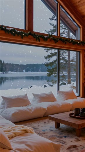 Snowy lake lodge vibes on a dark winter night