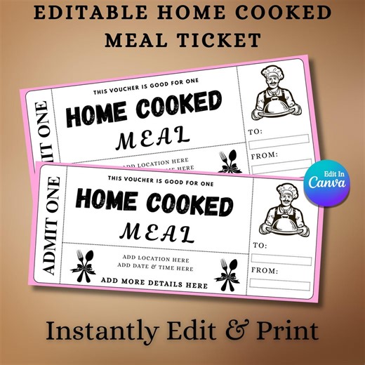 Home Cooked Meal Ticket Template Editable Canva, Dinner Gift Voucher, Printable Coupon Gift, Gift for Mom, Instant Download - Etsy