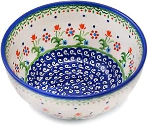 Polmedia Polish Pottery Bowl 6-inch - Spring Flowers Pattern Handmade in Boleslawiec Poland by Ceramika Bona + Certificate of Authenticity
