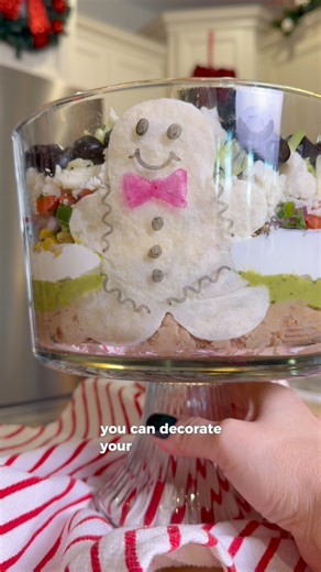 Layered Taco Dip…but make it Christmas style 🌮🎄☃️ This is the ultimate party show-stopper and SO easy to assemble. Just layer each ingredient so the colors show through the glass! Cut tortillas with a gingerbread cookie cutter into 4 gingerbread men. Pat a little water on one side and stick to the inside of the trifle dish. Layering Order: 1️⃣ Refried beans mixed with ½ packet taco seasoning 2️⃣Guacamole 3️⃣ Sour cream mixed with the remaining taco seasoning (or plain sour cream) 4️⃣ Canned fi