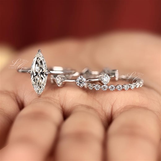 2.50CT Marquise Engagement Ring Set, Solitaire Moissanite Ring With Pave Stackable Wedding Bands, Bridal Ring Set, Vintage Wedding Ring Set - Etsy