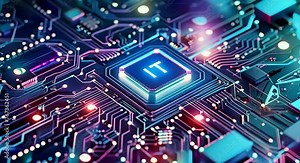 IT. Information technology concept. Motherboard integrated circuit and tech icons illustration. Futuristic background.