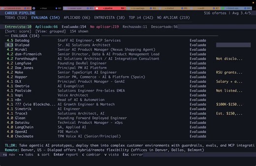 This broke my brain this morning. 🤯A guy got laid off. Built an AI system to find his next job. It evaluated 740 offers for him.He got hired. Then gave it to the world for free.Here's what the system actually does.You paste a job URL. It reads the full listing, scores it A to F across 10 dimensions role fit, skills match, compensation, seniority, growth trajectory. If it scores below the threshold, it rejects the offer on your behalf.450 jobs got auto-rejected with documented reasoning.66 appli
