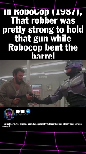 In RoboCop 1987, That robber was pretty strong to hold that gun while Robocop bent the barrel