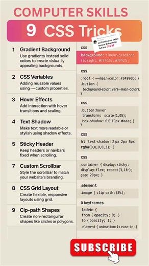 Replying to @moizmughal0121 9 Modern CSS Tricks to Instantly Boost Your Website Design! Discover 9 essential CSS tricks that will take your website’s design to the next level! From gradient backgrounds and hover effects to flexbox centering and keyframe animations — these modern techniques are perfect for creating clean, interactive, and responsive web layouts. Ideal for beginners and experienced developers alike. CSS tricks, web design, modern CSS, UI tips, responsive design, hover effects, CSS