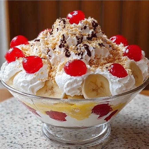 Banana Split Fluff This creamy, nostalgic dessert brings all the fun of a classic banana split into one light, fluffy bowl. It’s sweet, fruity, and irresistibly soft—perfect for potlucks, family gatherings, or a quick no-bake treat when you’re craving something comforting and playful. Ingredients: 2 ripe bananas, sliced 1 cup crushed pineapple, drained 1 cup mini marshmallows 1 cup whipped topping (like Cool Whip) | The Cozy Spoon