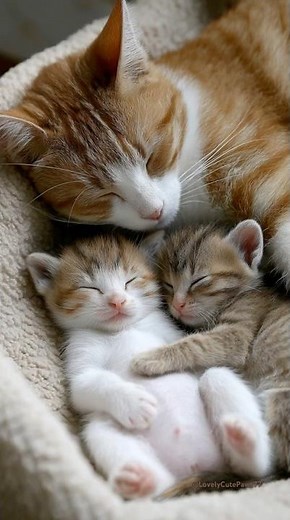 Mother Cat’s Sweetest Kiss While Kittens Sleep Peacefully