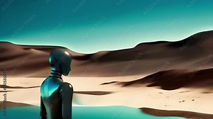 Full-length futuristic android robot. Plain background. Concept: animation of modern technologies and artificial intelligence and progress in the field of robotics, computer