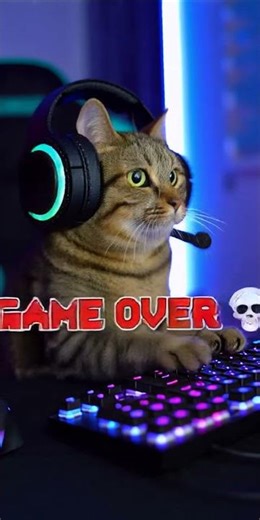 Cat gamer loses → “GAME OVER” 💀 → then says “One More Match…” 😂