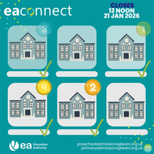 Applications for Pre-School and Primary 1 for September 2026 are currently open! ✔️ You can apply now via EA Connect: https://ow.ly/ixxK50XGP5g We recommend that you list at least four pre-schools or primary schools in the order of your preference. Make sure you read carefully through the published admissions criteria for the pre-school settings and schools you are considering before submitting your application. 👉 For more information on the application process, visit: https://ow.ly/Lm4450XGP5f