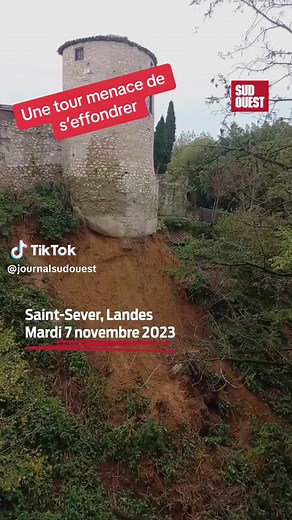 🚧⚠️ Dans les Landes, un glissement de terrain s’est produit dans la ville de Saint-Sever à la suite des fortes pluies. Depuis, une tour médiévale du XVème siècle ainsi que des logements situés le long des remparts sont menacés. Les locataires présents dans les habitations ont été évacués. Une rue située près de l’éboulement de terrain a été interdite à la circulation. Pour rappel, le site est protégé au titre des sites patrimoniaux remarquables du ministère de la Culture. #tour #effondrement #d