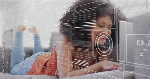 Woman on couch reaching laptop, summoning tech UI panels sliding over screen and analyzing charts