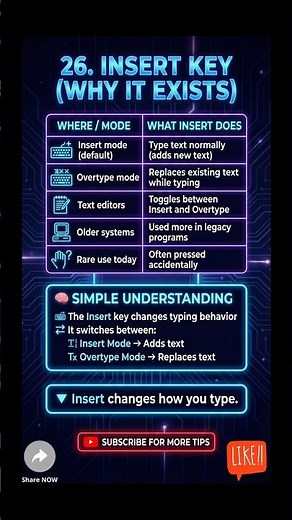 26. Keyboard Mastery: Insert Key Explained ⌨️ #insertkey #keys #keyboardshortcuts #shorts #ytshorts