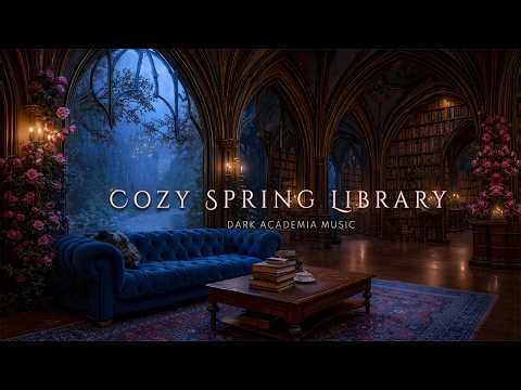Cozy Spring Library Ambience in Gentle Rain | Dark Academia Playlist for Reading, Relax & Focus