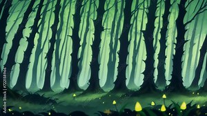 Enchanted Grove: Step into a Magical Forest Where Tall Trees Reach for the Stars and Glowing Mushrooms Illuminate the Forest Floor. Looping Animation