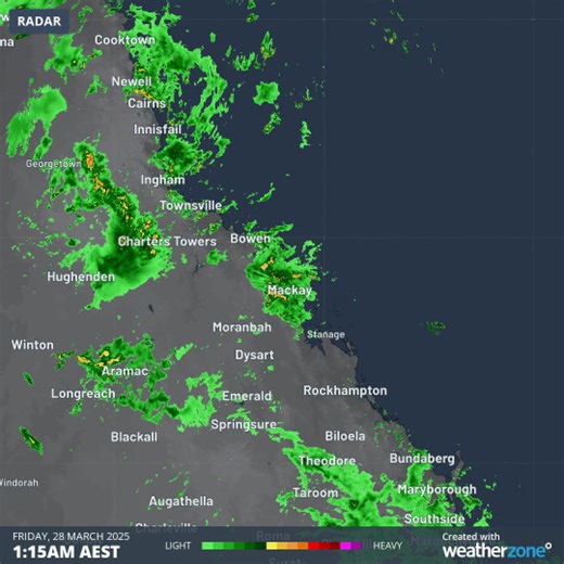 As this 12-hour radar loop shows, Mackay was the latest Queensland location to see a prolonged burst of heavy rain this week, with flood warnings in place for the Pioneer River. https://bit.ly/43qSu8R | Weatherzone