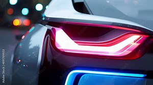 A modern tail light design with bold angular shapes and sharp lines accented with a subtle blue glow at the edges.